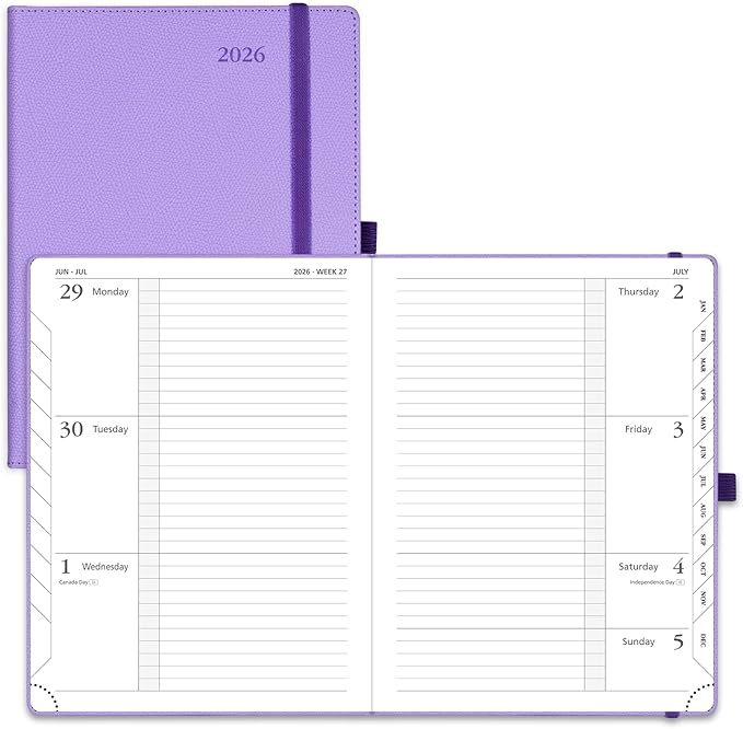 POPRUN Weekly Planner 2026 Calendar (Medium 6.75" x 8.75") 12 Months Notebook with Horizontal Layout, Leather Hardcover, Inner Pocket, 100GSM Thick Paper, Pen Holder - Lavender
