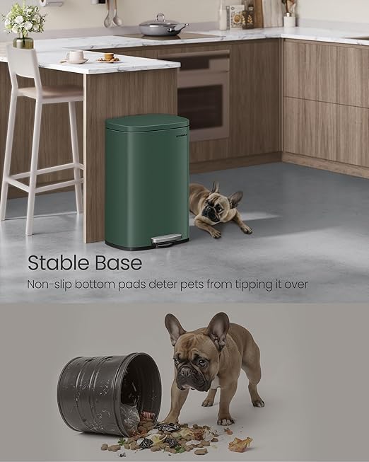 SONGMICS 13 Gallon (50 L) Trash Can, Stainless Steel Kitchen Garbage Can, Recycling or Waste Bin, Soft Close, Step-On Pedal, Removable Inner Bucket, Retro Green ULTB050C01