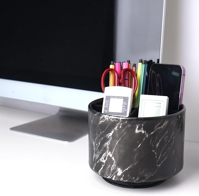 Round Leather Art Supply Organizer,Remote Control Holder,360-degree Rotating Pen Organizer with 4 Compartments(1-Marble Black Silver)