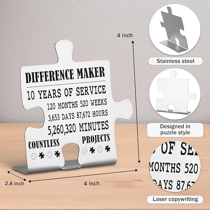 Thank You Appreciation 10 Year Work Anniversary Plaque Gifts, 10th Work Anniversary Decor Gifts for Women, Men, Employee, Coworkers, Happy 10th Work Anniversary Decorative Signs Plaques WDD12