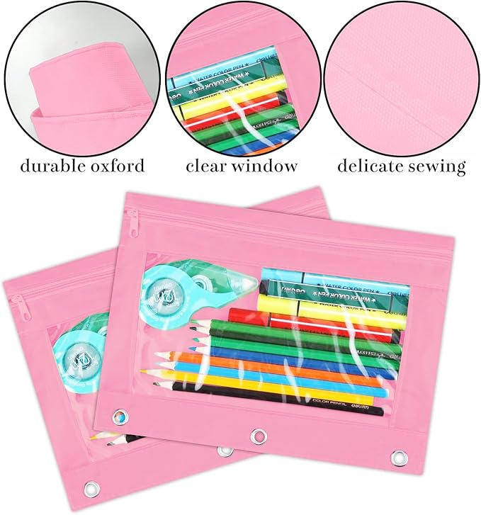 YoeeJob Pencil Pouch for 3 Ring Binder, Zipper Binder Pencil Pouches Bulk, Pencil Case with Clear Window for Class, Office, Pale Pink, 24 Packs