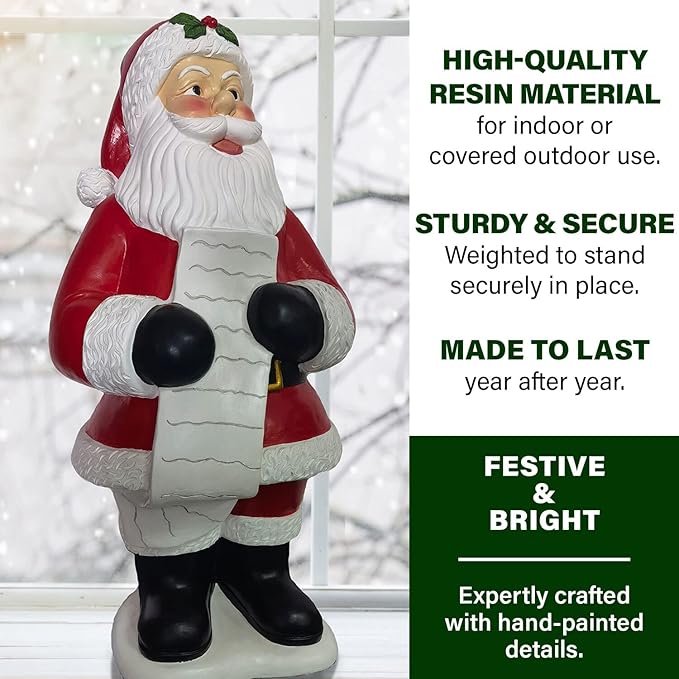 Fraser Hill Farm Traditional Santa Statue Holding List, 36 Inches Tall | Resin Santa Claus Figure Perfect Indoor/Outdoor Decoration for Porches, Living Rooms, and Dens | FFRS036-0SC-RD, Red, White