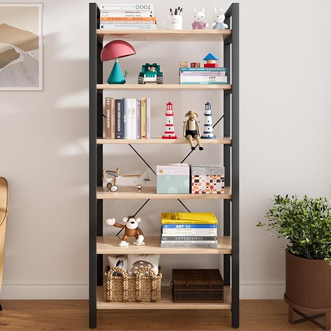 Real Solid Wood Rustic Vintage Industrial Etagere Bookshelf, Metal & Timber Free Vintage Bookcase, Retro Brown (Genuine Timber) (6-Tiers-RawWood)