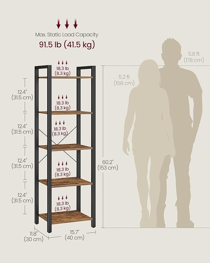 VASAGLE 5-Tier Bookshelf, Bookcase with Steel Frame, Book Shelf for Living Room, Home Office, Study, 11.8 x 15.7 x 60.2 Inches, Industrial Style, Rustic Brown and Ink Black ULLS100B01