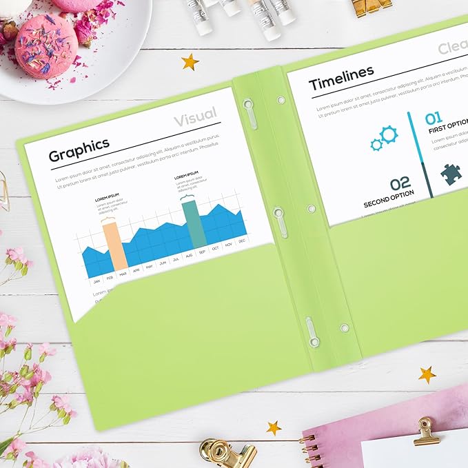 H4D Plastic 2 Pocket Folders with Prongs, Letter Size, Primary Colors, 6 Pack