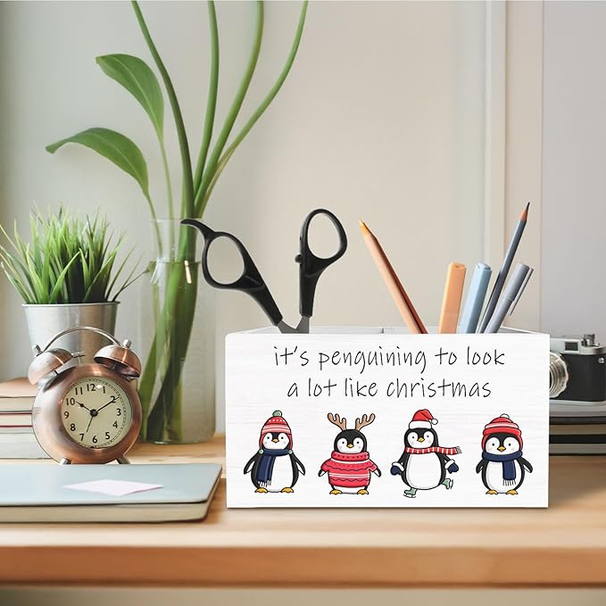 Christmas Funny Penguin Pen Holder for Desk, It's Penguining to Look Like Christmas Wooden Box Sign Desk Decor for Home Office Decoration, Holiday Xmas Pencil Organizer, Penguin Gifts