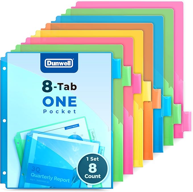 Dunwell 8-Tab Binder Dividers with Slash Pocket, Plastic 1 Pocket Dividers with Index Tabs for 3 Ring Binder, Multicolor, Poly Subject Notebook Divider, Binder Pocket Includes Label Inserts
