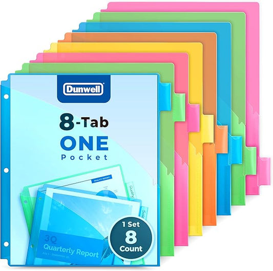 Dunwell 8-Tab Binder Dividers with Slash Pocket, Plastic 1 Pocket Dividers with Index Tabs for 3 Ring Binder, Multicolor, Poly Subject Notebook Divider, Binder Pocket Includes Label Inserts