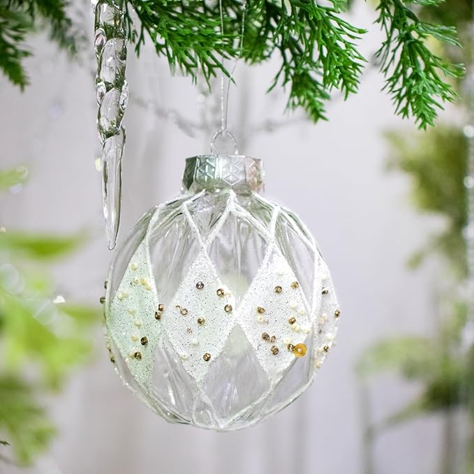 12 PCS Clear and White Christmas Ball Ornaments, 80mm/3.15 Inches Rustic Farmhouse Christmas Decorations, Large Shatterproof Luxury Hand-Painted Xmas Ornaments for Christmas Tree, Wedding