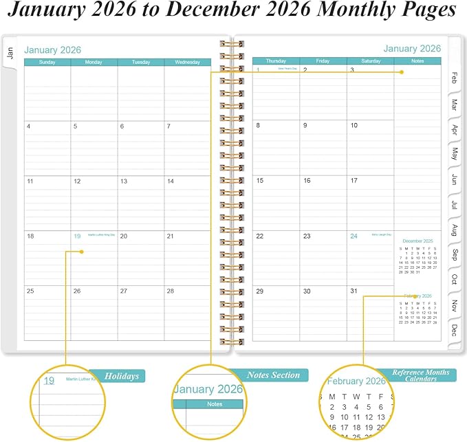 2026 Planner - A5 Weekly & Monthly Planner Spiral Bound, January 2026 - December 2026, with Flexible Cover, Tabs, Inner Pocket, 6.4" x 8.5", Rose Leaf