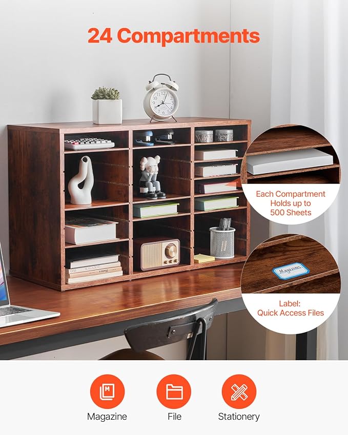 VEVOR Literature Organizer, 24 Compartments Office Mailbox with Removable Shelves, Wooden Mailbox Sorter Particle Board Office Home Classroom Storage, File Sorter for Documents, Papers, Retro Brown