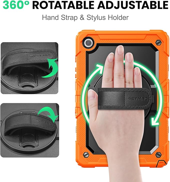 SEYMAC Case for Samsung Galaxy Tab A9+/ A9 Plus 11" (SM-X210/X216/X218), Heavy Duty Shockproof Protective Case with Screen Protector, Rotating Stand, Hand/Shoulder Strap, Orange