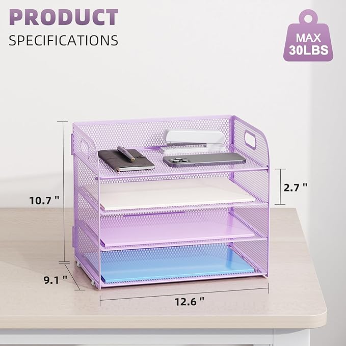 Marbrasse 4 Tier Paper Organizer Letter Tray - Mesh Desk File Organizer with Handle, Paper Sorter Organizer for Letter/A4 Office File Folder Holder (Purple, 12.6" x 9.1" x 10.7")