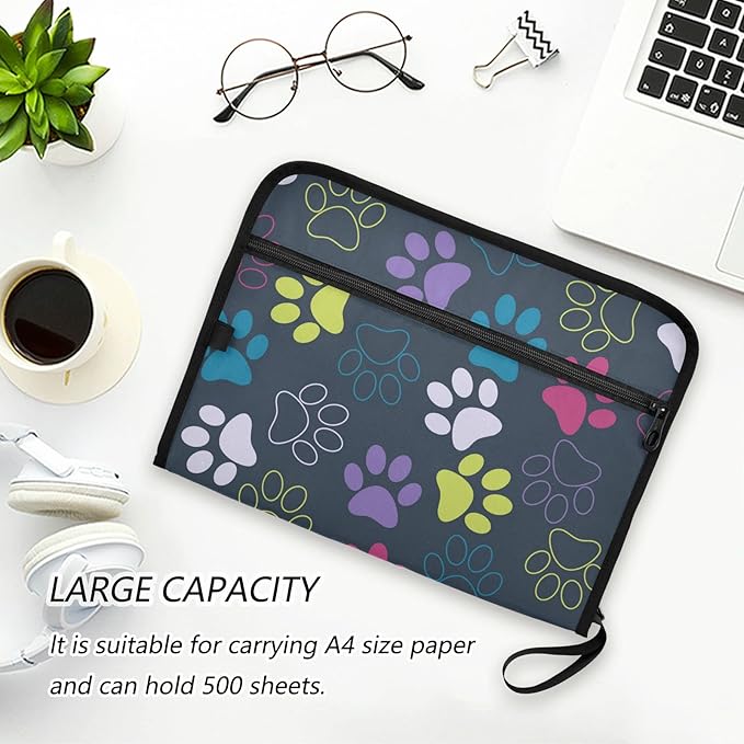 Expanding File Folder -13 Pocket Accordion File Folders with Sticky Labels, A4 Letter Size Paper Document Organizer with Zipper Closure for Office School Boys Girls,Colorful Dog Paw