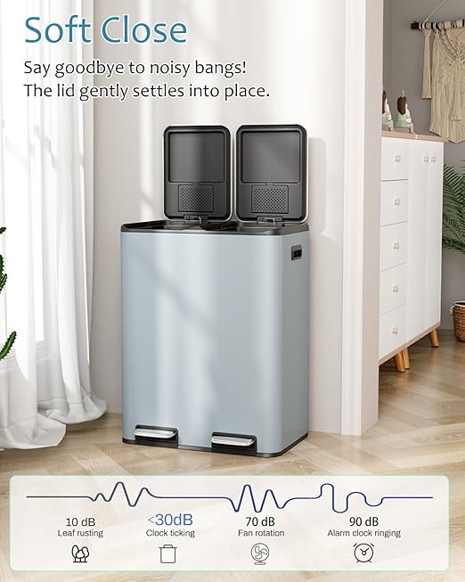 16 Gal (2 x 30 L) Dual Trash Can, Stainless Steel Kitchen Garbage Bin, Recycle Dustbin with Odor Control Box, Soft-Close Lid, Inner Buckets, Side Handle, Step Pedal, for Home Office