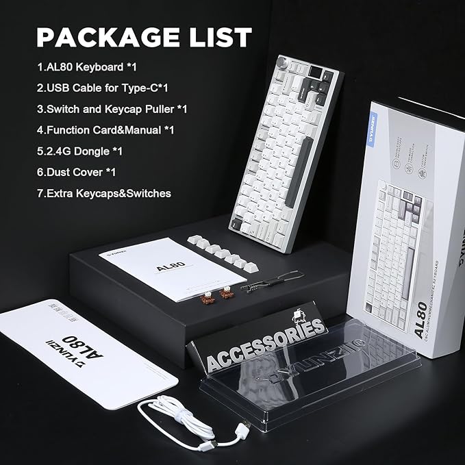 YUNZII AL80 Wireless Mechanical Keyboard,Full Aluminum CNC, Smart LCD Display,Hot Swappable Gasket Mount 75% Layout with Knob,BT/2.4G/USB-C,QMK/VIA Support for Win/Mac (Silver, Cocoa Cream V2 Switch)