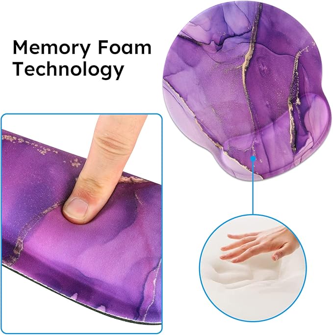 iCasso Purple Ergonomic Large Mouse Pad with Wrist Support, 4in1 XXL Desk Mat Set- Keyboard Wrist Rest + Mouse Wrist Rest + Coaster, Marble Style Desk Pad Mousepad