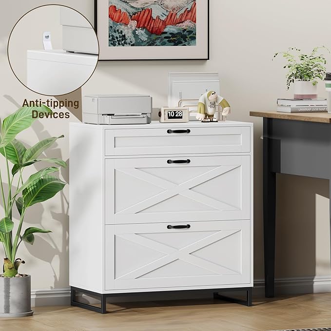 File Cabinet 3 Drawers Lateral File Cabinet for Letter/Legal/A4 Size Hanging Files, Large Wood File Storage Cabinets Printer Stand for Home Office, White and Black