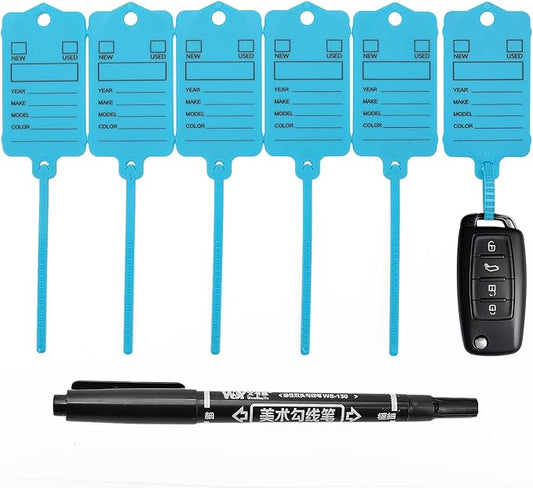 100 Car Key Tags with Labels Plastic Car Dealership Key Tags Self Locking Automotive Identifiers Blank Shop Labels with One Pen (Blue)