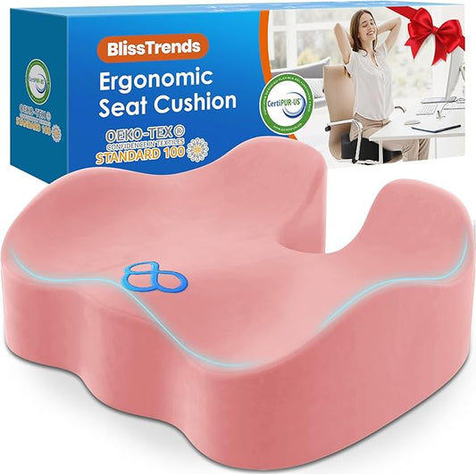 BlissTrends Seat Cushion,5.2in Thick Memory Foam Cushions for Office Chair, Car Seat, Airplane, Relieving Pressure Tailbone Sciatica Back Pain for Long Sitting Office Workers, Car Drivers Pink