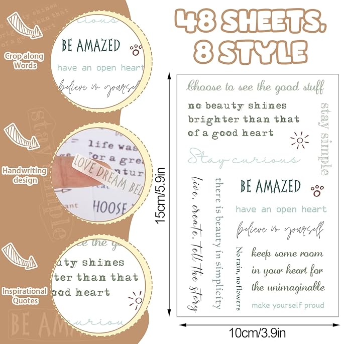 48 Sheets Inspirational Quotes Stickers Aesthetic Sayings Decal Motivational Words Handwritten Letters Gift for DIY Crafts Journaling Scrapbook Planner Appreciation Supplies, 8 Styles(Colorful)