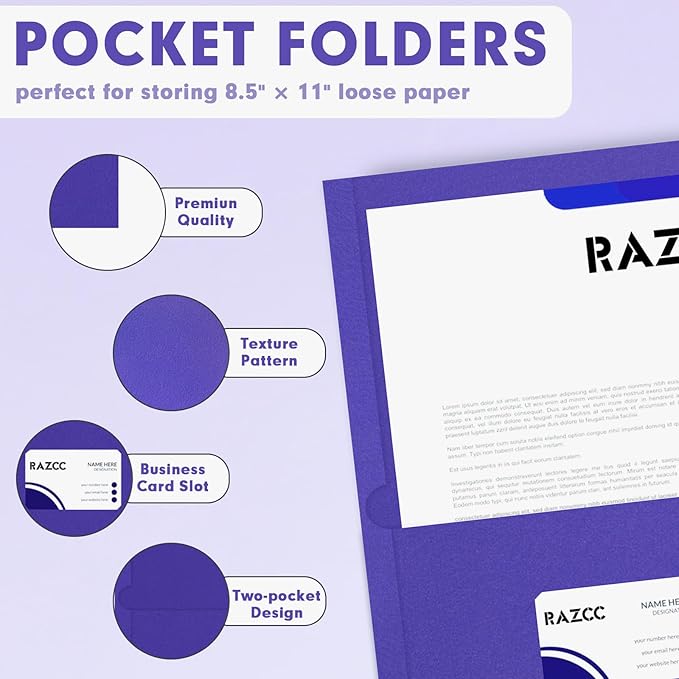 Two Pocket Folders, RAZCC 50 Pack 2 Pocket Folders Fit Letter Size Paper, Paper Folders with Pockets for School Office Business Home, Purple