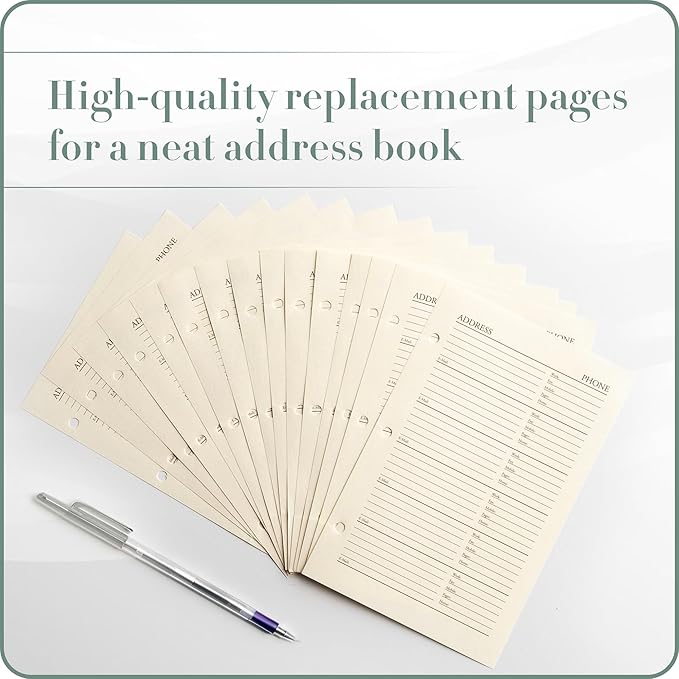 Gallery Leather Address Book Refill Replacement Pages - 3 Ring 5.5 x 8 Size, 15 Sheets, 30 Pages for 180 Entries, Quick and Easy Contact Storage and Updates