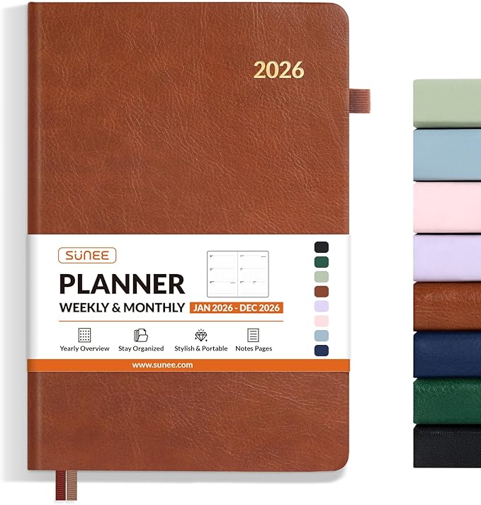 SUNEE 2026 Weekly & Monthly Hardcover Planner 5.5" x 8.3" - 12 Month (January 2026 - December 2026), Small Hardcover Planner, Pocket, Notes, 100 GSM Paper, Brown