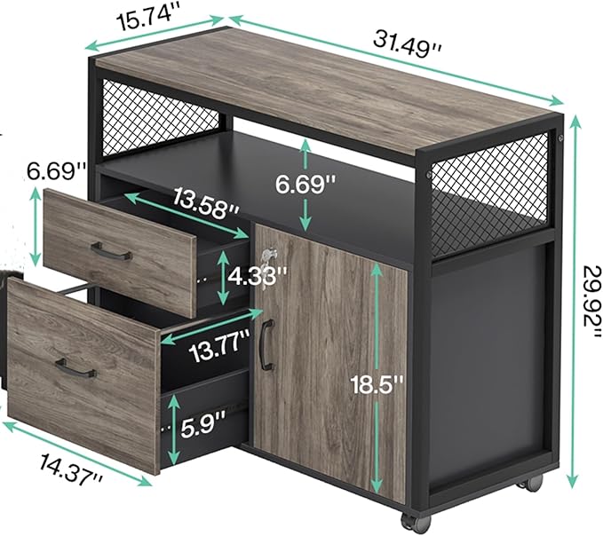 Tribesigns Modern File Cabinet with Drawers for Letter-Sized File and Door, Lockable lateral Filing Cabinet Printer Stand with Storage Shelves and with Rolling Caster for Home Office (Gray)