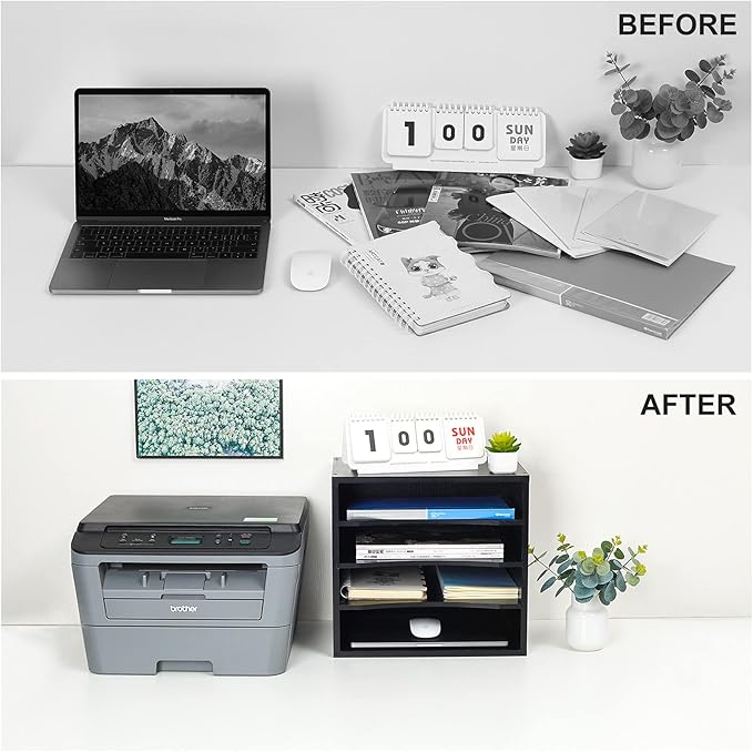 PAG Mail Sorter Organizer, Wood Countertop Literature Organizer, Office Supplies Desktop File Bill Paper Organizer for Office Home School, 4 Compartments, Black