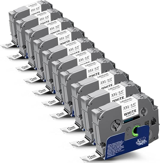 TZe TZ Tape 12mm 0.47 Inch Laminated White Compatible for P Touch Label Tape Refills for Ptouch PT-H110 D210 D220 D400 D600 Label Maker (Black on White, 10-Pack)