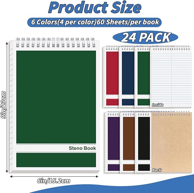 24 Pack Steno Pads 6 x 9 in Spiral Top Notebook Bulk 6 Assorted Color Note Pad 60 Sheets Gregg Rule Writing Paper Steno Notebooks for Students Teachers Men Women Professionals Office School Recording