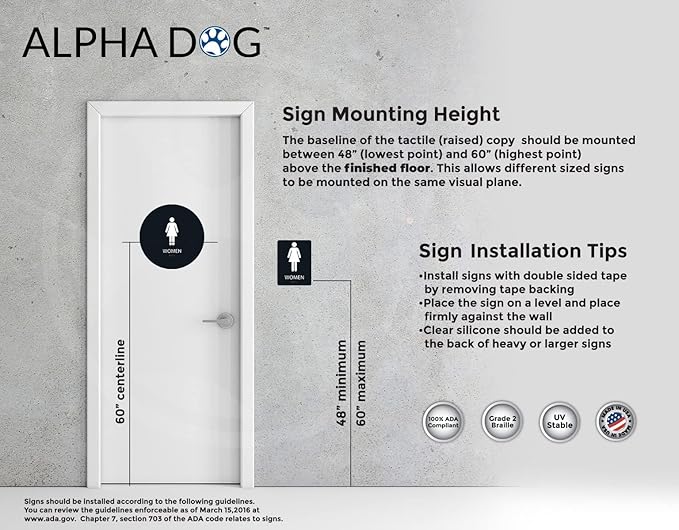 ALPHA DOG ADA SIGNS Men's Women's Restroom Sign Bundle 6x9 inch ADA Compliant Business Wall Mount Indoor Outdoor Easy Install USA Made (Black)