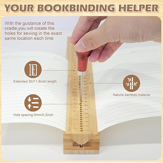 Book Binding Cradle, Wood Bookbinding Punching Cradle with an Awl, Bamboo Signature Punching Cradle with Piercing Guide 5 mm Hole Spacing, Portable Book Binding Tools Kits for Book DIY Crafts