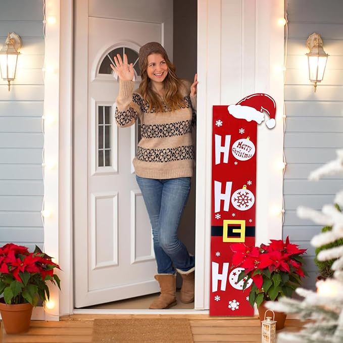 HOMCDALY Christmas Welcome Sign for Front Porch, Wooden Santa HO HO HO Sign for Front Door, Outdoor Welcome Sign, Farmhouse Christmas Decorations Porch Décor(47in)