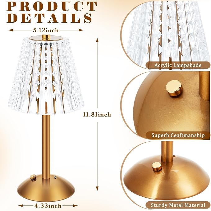Liliful 6 Pcs LED Portable Cordless Table Lamp Touch Battery Operated Rechargeable Gold Desk Lamp 3 Color Dimmable for Bedroom Living Room Dining (Gold,Classic Style)