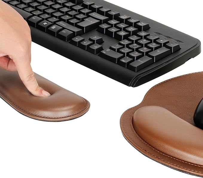 RICHEN Ergonomic PU Leather Keyboard Wrist Rest and Mouse Pad with Wrist Support, Memory Foam Set for Computer/Laptop,Gaming and Office, Comfortable for Easy Typing & Pain Relief (PU Brown)