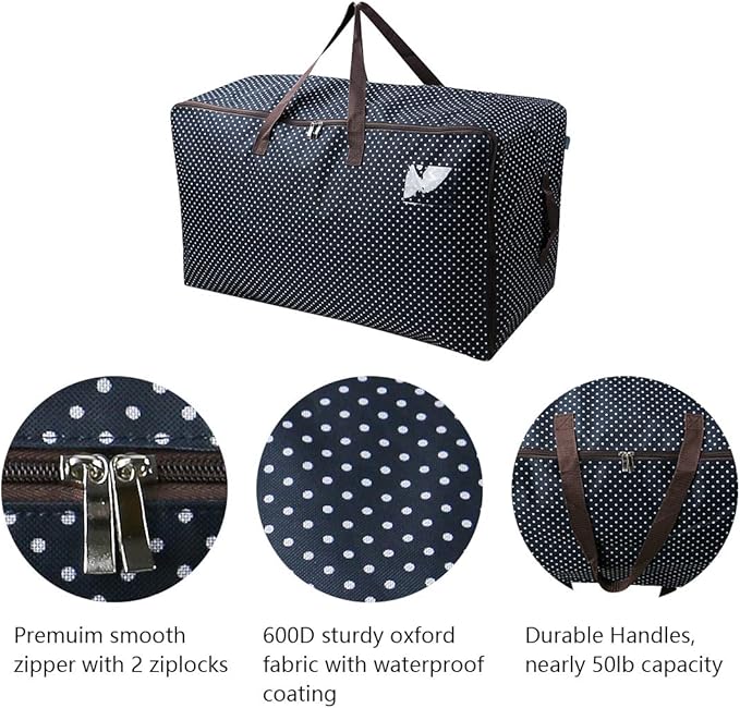 AMJ 100L Large Storage Bag, Comforter/Blanket/Pillows/Quilt Storage Container, Garage Grocery Storage Bag, Garments/Clothes Organizer Bin in Closet/Attic, Moisture Proof, Blue dot