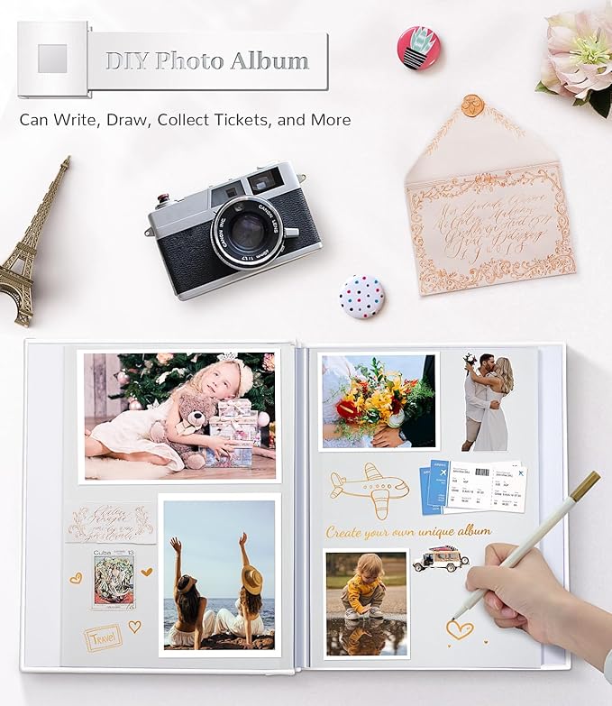 Photo Album Self Adhesive Scrapbook Album for 3x5 4x6 5x7 8x10 Pictures,40 Pages Linen Cover with Display Window DIY Photo Book,Ideal Gifts for Family Travel Wedding Baby