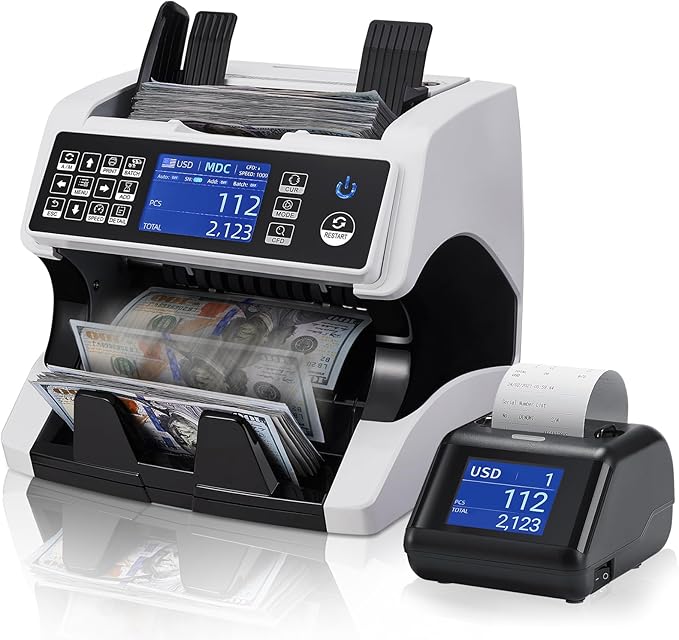MUNBYN Bank Grade Money Counter Machine Mixed Denomination with External Display+Printer in One, Value Counting, Serial Number, Multi Currency, 2CIS/UV/IR/MG/MT Counterfeit Detection, 2Y Warranty