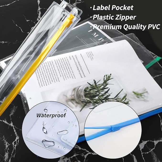 EOOUT 24pcs Plastic Envelopes Poly Zip Envelopes Files Zipper Folders, A4 Size, Letter Size, 10 Colors, for School Office Travel Storage Supplies