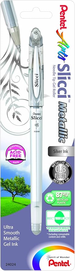 Pentel Arts Slicci Metallic 0.8 mm Needle Tip Gel Pen, Silver Ink, 1 Pack (BG208BPZ)