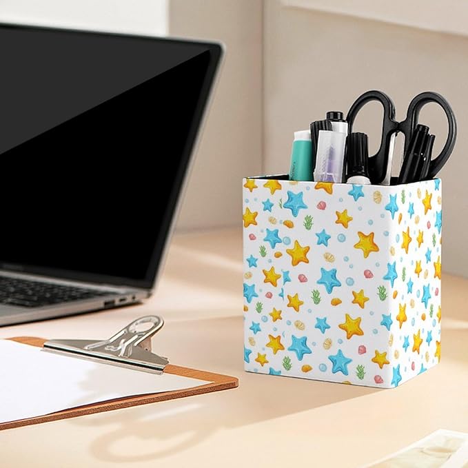 Square Pen Holder & Pencil Organizer for Desk - Office Storage Organizer, Markers/Makeup Brushes/Scissors Holder, Compact Desk Decor Accessories for Home Classroom School(Starfish)