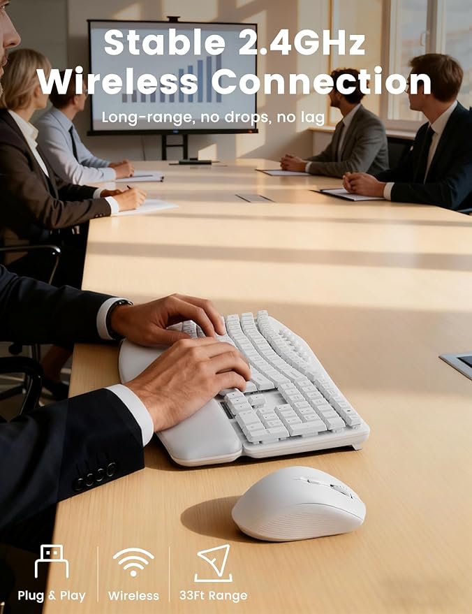 White Wireless Keyboard and Mouse Combo for MacBook & Windows, 30dB Quiet Ergonomic Keyboard Set with Wave Keys & Soft Palm Rest, Silent Typing, Dual-System Switch, Ideal for Home Office—Sablute