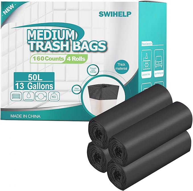 SWIHELP Tall Kitchen Trash Bags 13 Gallon Garbage Bags 50 Liters Plastic Trash Can Liners Waste Basket Bin Liners for Home Office Outdoor 160 Counts