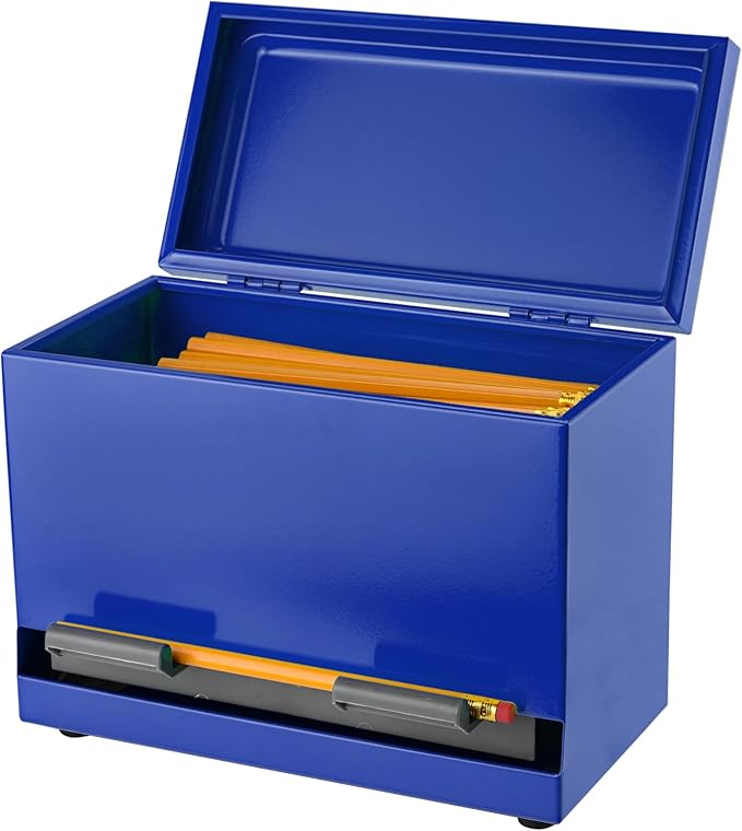 2Fold Pencil Dispenser for Classroom - Stainless Steel Bulk Pencil Holder for Desk - Includes Removable Label Stickers - Teacher Must Haves for Organization - Holds up to 200 Pencils (Blue)