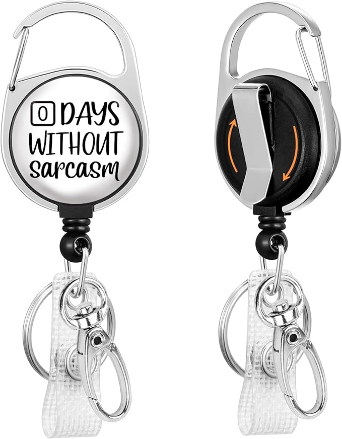 Gctriki Funny Badge Reel Retractable Heavy Duty with 360° Swivel Carabiner Clip, Cute ID Badge Holder, Nurse Teacher Retractable Keychain Name Badge Clip - Nurse Gifts（Zero Days Without Sarcasm）