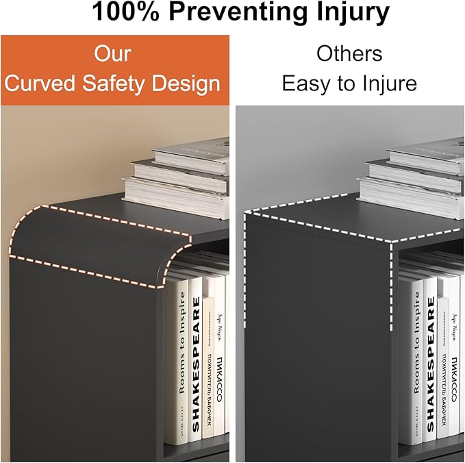 70" Tall Arched Bookcase and Book Shelf, Narrow Bookshelf with Drawers, Modern Wooden Bookshelves w/Adjustable 2 Bins Storage, Skinny bookshelf w/Open Display Shelves for Living Room, Office, Black