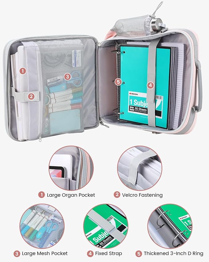 Zipper Binder, 3 Inch D-Ring 3 Ring with Water Bottle Holder,700 Sheet Capacity-Multiple Pockets,Binder with Strap for School/Office, Fit for 13" Tablet/Laptop,Patent Design-Pink