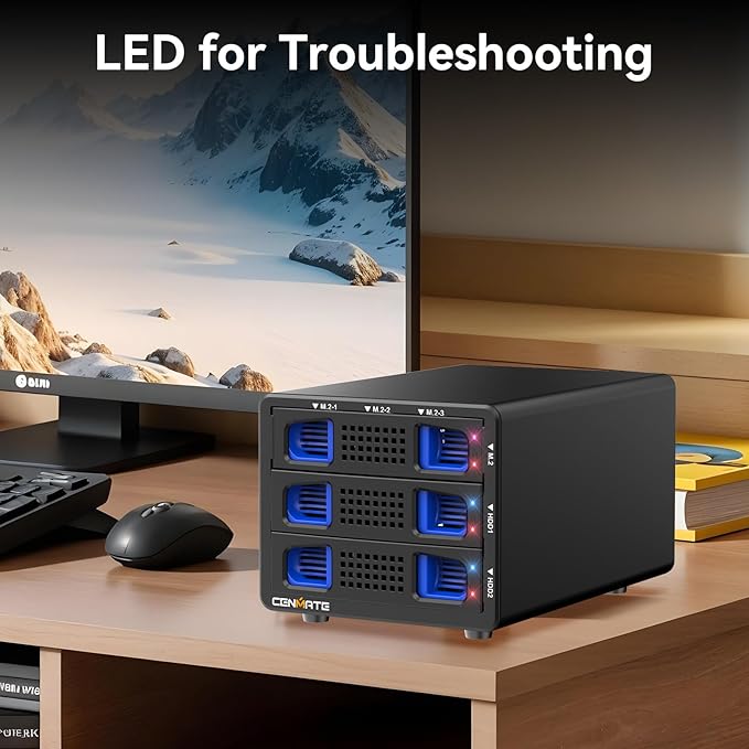 Hybrid 2*2.5/3.5" SATA HDD/SSD+3* M / B+M Key M.2 NVMe Enclosure with Cooling Fan and USB A/C 3.2 Gen 2, Hard Drive Enclosure Support 68TB(2*22TB HDD+3*8TB 2230/2242/2260/2280/22110 SSDs)